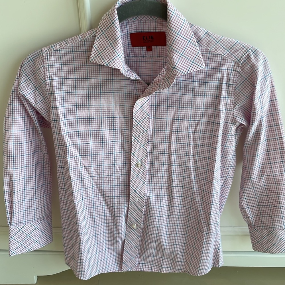 Elie Balleh Boys Blue/Pink Plaid Cotton Blend Button Front Dress Shirt- Size 10